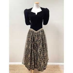 Jessica McClintock Bridal Vintage Black Gold Velvet Lace Formal Dress, Women's 8